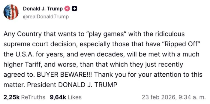 Trump amenaza con "aranceles mucho más elevados" a los países que "se anden con juegos" tras el varapalo del Supremo