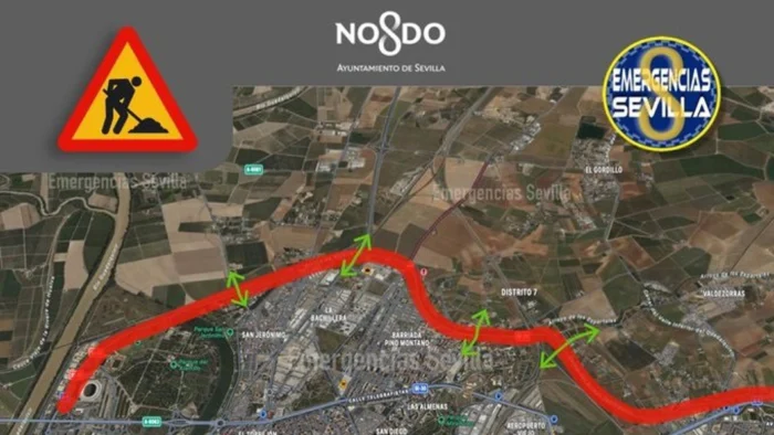 SE-20 cortada en Sevilla por la crecida del arroyo Miraflores debido a la borrasca Leonardo