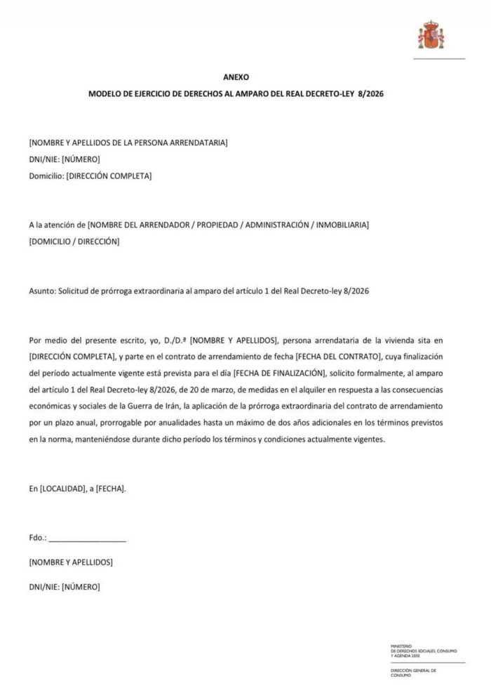 Este es el burofax redactado por Consumo para que los inquilinos soliciten la prórroga de los alquileres