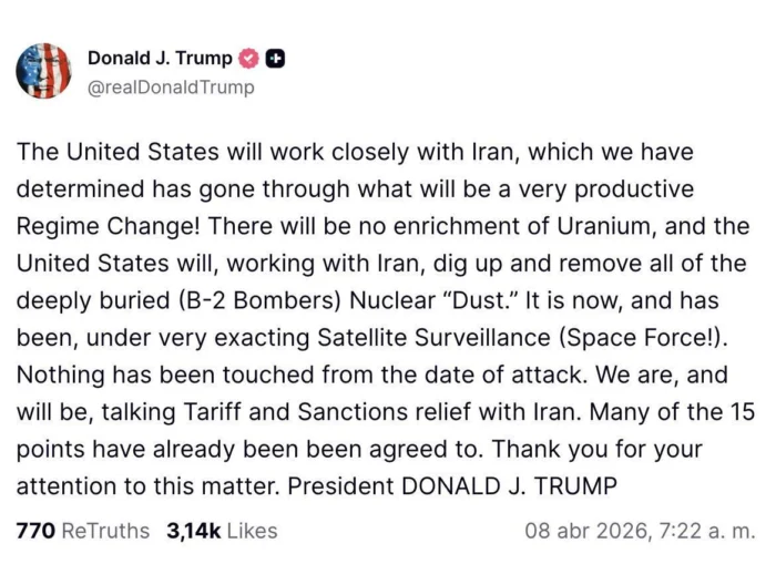 Trump anuncia que Ir&aacute;n no tendr&aacute; "uranio enriquecido" y amenaza con aranceles del 50% a los pa&iacute;ses que suministren armas a Teher&aacute;n